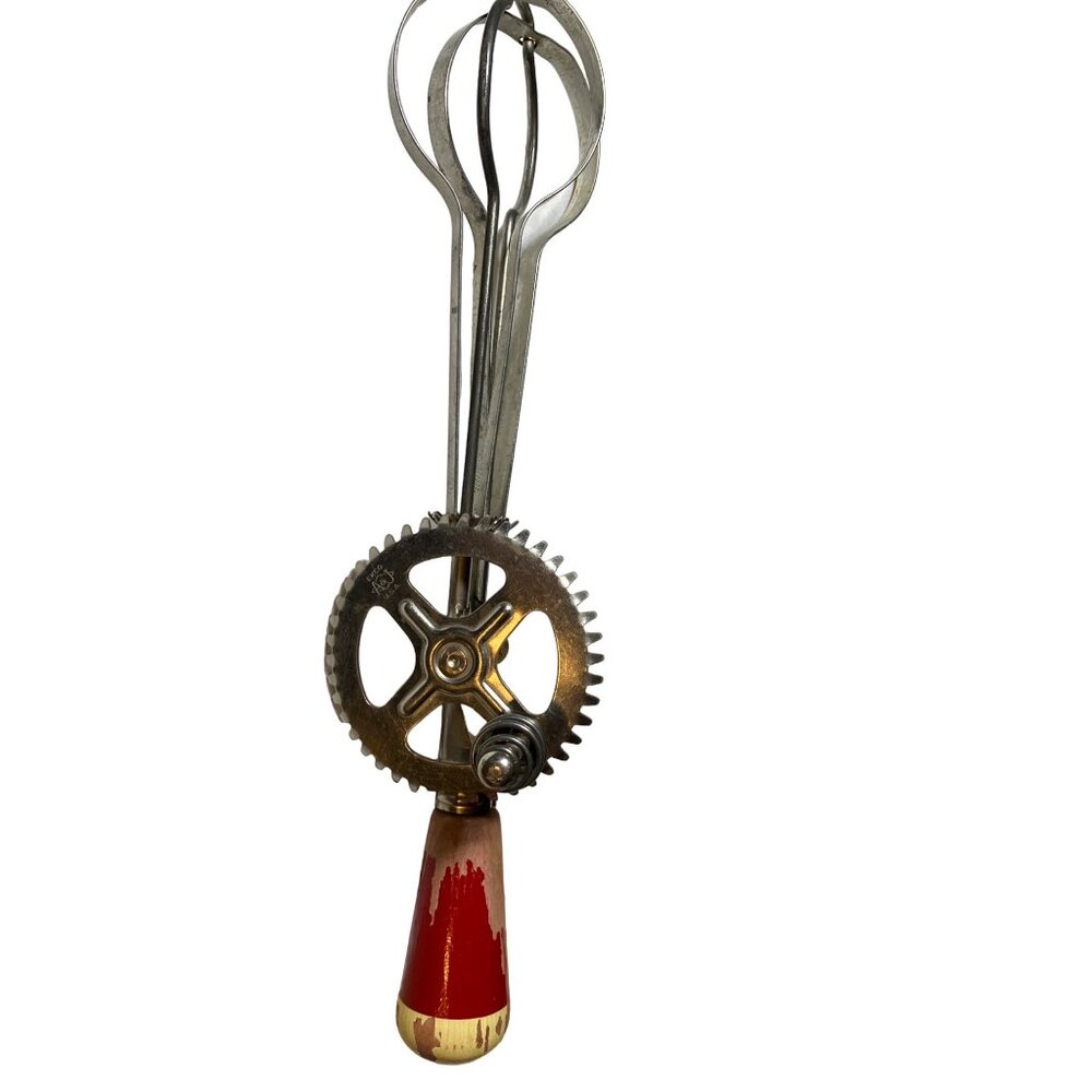 Vintage Egg Beater Hand Mixer Red Wood Handle Made in USA